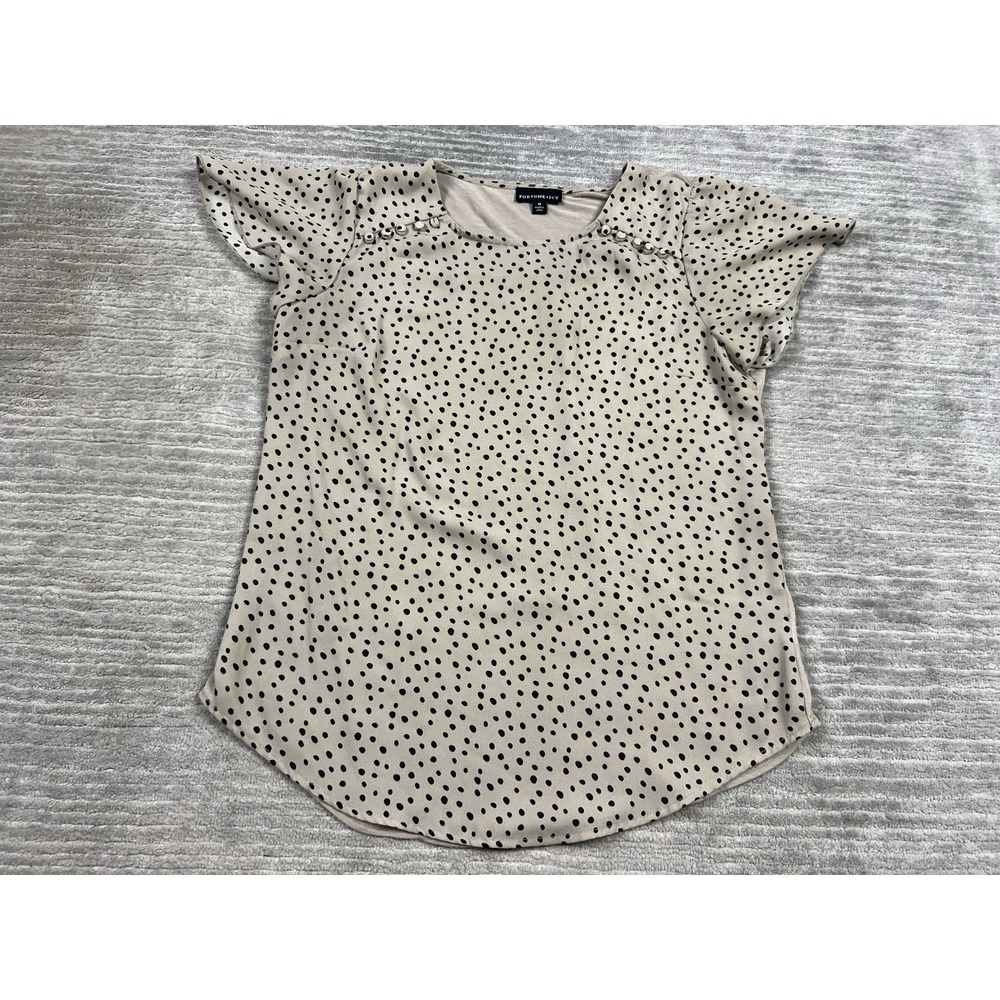 Fortune Ivy Top‎ Womens Medium Beige Polka Dot Short Sleeve Polyester Rayon
